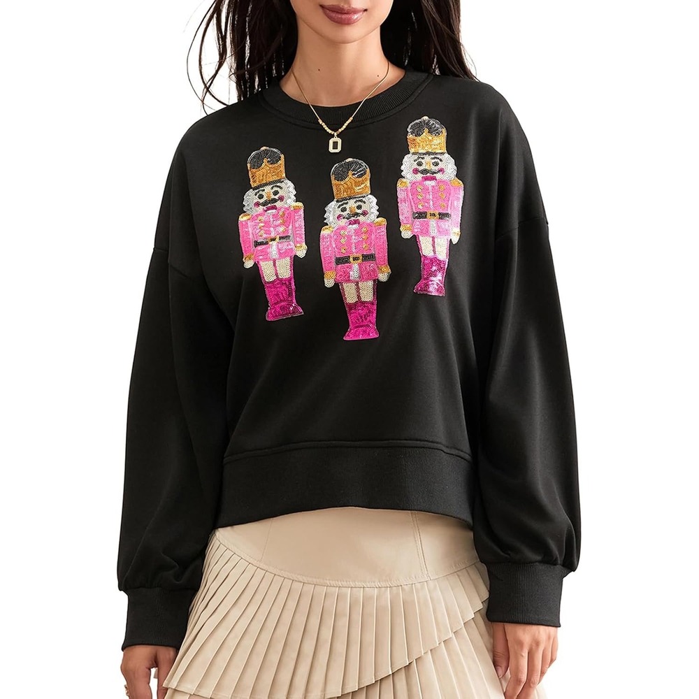 Judith March Nutcracker Trio Sweatshirt Small Black Pink Sequin Holiday Festive